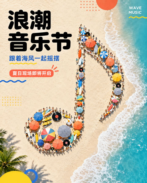 浪潮音乐节沙滩音符创意海报设计 - AI图片提示词示例