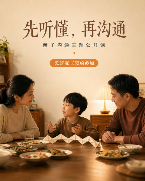 暖心亲子沟通家庭教育讲座海报 - AI图片提示词示例