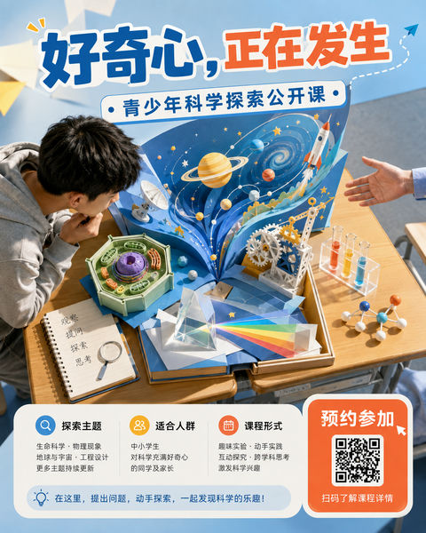 开启微型科学宇宙：好奇心正在发生公开课海报 - AI图片提示词示例