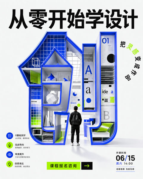 走进创意之门：零基础成人设计海报 - AI图片提示词示例