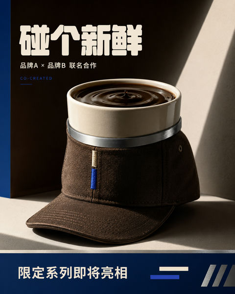 潮流跨界：咖啡杯与棒球帽的艺术装置海报 - AI图片提示词示例