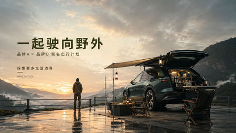 清晨山谷概念车露营联名海报设计 - AI图片提示词示例