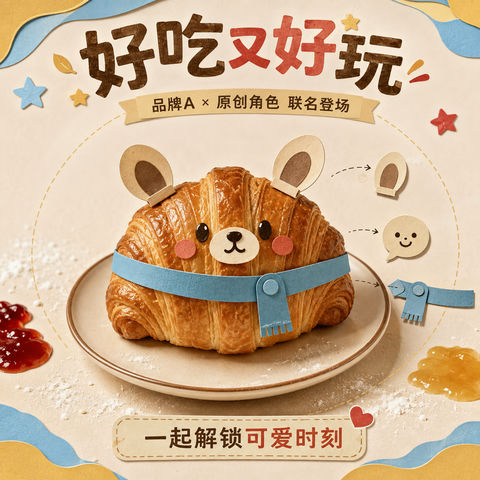 酥脆可颂变身激萌纸偶联名创意海报 - AI图片提示词示例