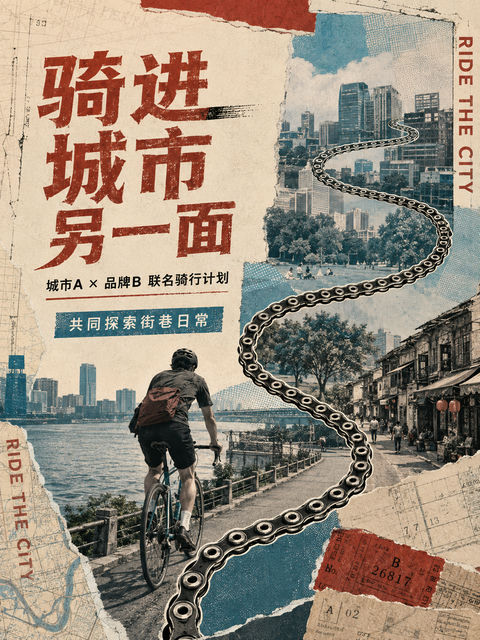 骑行链条穿梭古今的城市漫游海报设计 - AI图片提示词示例