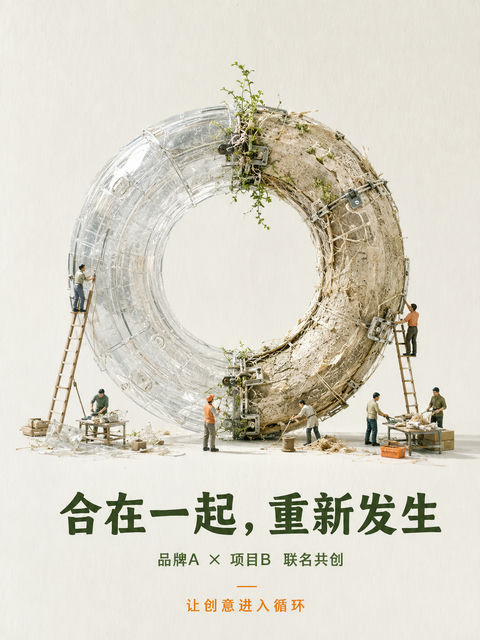 环保品牌与公共艺术联名循环共生海报 - AI图片提示词示例