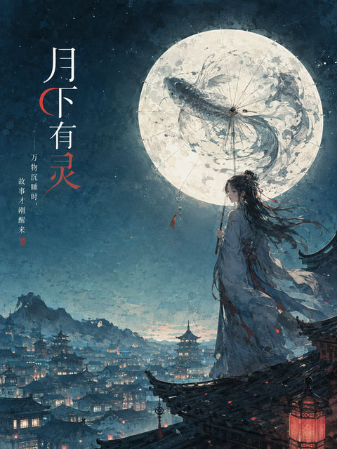 月下有灵奇幻少女古城屋脊海报 - AI图片提示词示例