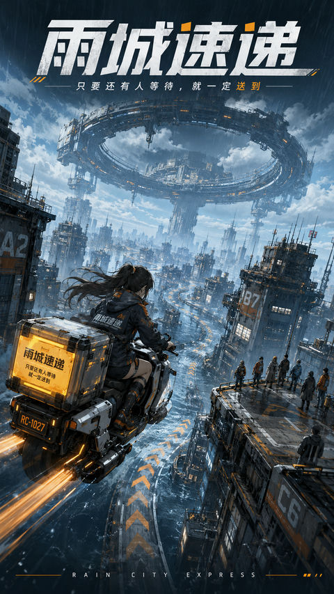 雨城速递：洪水巅峰之上的近未来科幻少女 - AI图片提示词示例