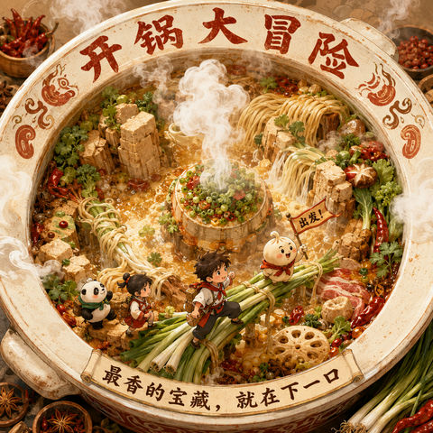 梦幻开锅大冒险：中式汤锅里的美食岛奇遇 - AI图片提示词示例