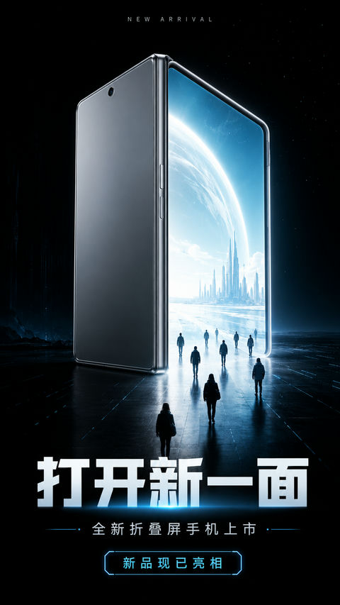 科技之门：折叠屏手机新品上市商业海报 - AI图片提示词示例