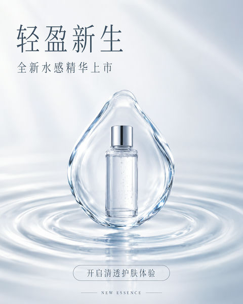 极简冰透水感精华美妆海报 - AI图片提示词示例