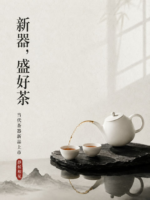 极简新中式白瓷茶具新品上市海报 - AI图片提示词示例