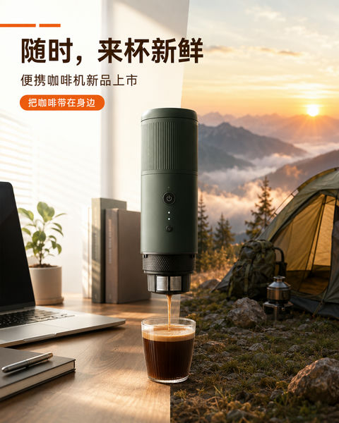 跨越办公与山野场景的便携咖啡机美学海报 - AI图片提示词示例