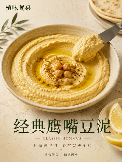 极简轻食主义：经典鹰嘴豆泥商业海报 - AI图片提示词示例