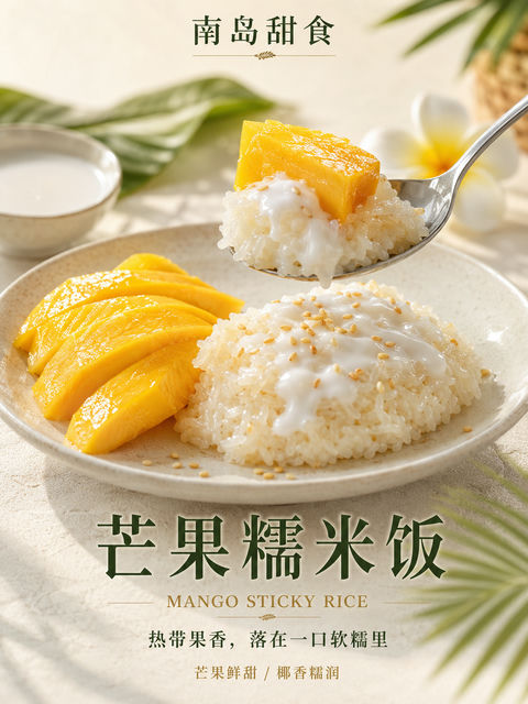 盛夏南岛芒果糯米饭高级甜品海报 - AI图片提示词示例