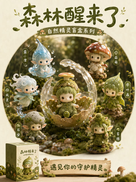 森林醒来了原创精灵盲盒海报 - AI图片提示词示例