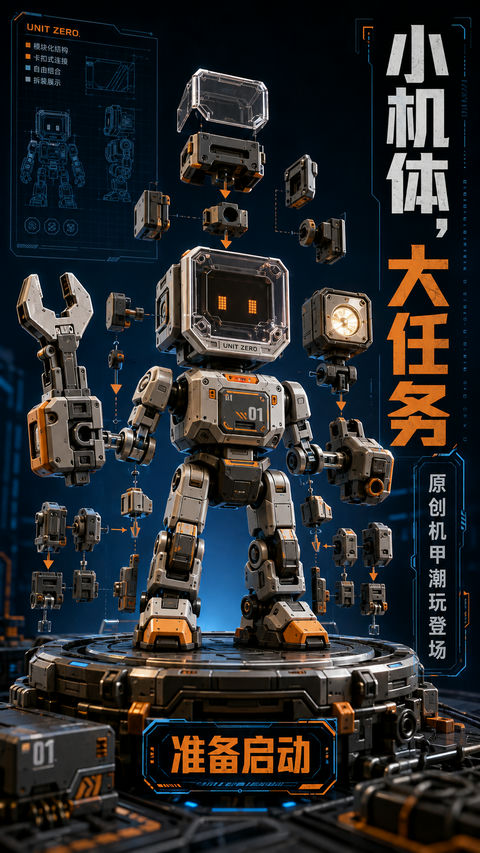 零号维修员原创模块化机甲潮玩海报 - AI图片提示词示例