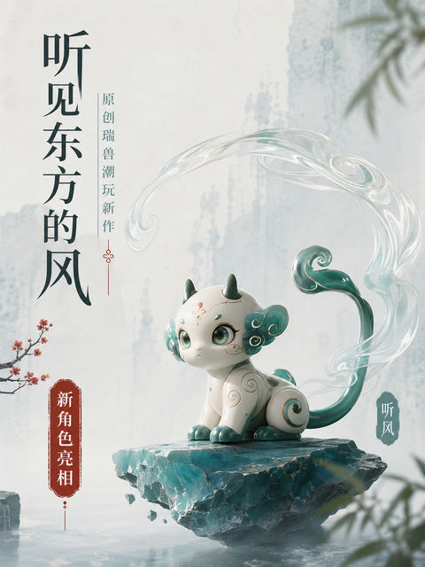 听见东方的风：现代几何瑞兽潮玩海报 - AI图片提示词示例