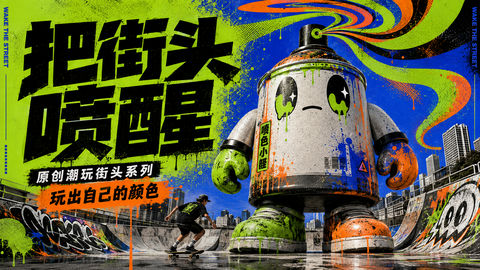 巨型喷色小怪街头潮玩海报设计 - AI图片提示词示例