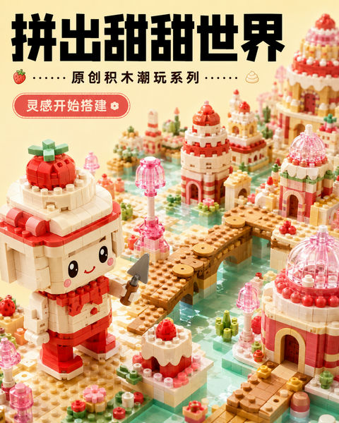 奶油城堡师拼出甜点积木微缩城市 - AI图片提示词示例