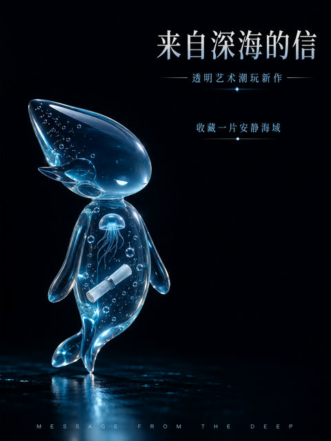 深海信使：透明树脂艺术潮玩收藏海报 - AI图片提示词示例