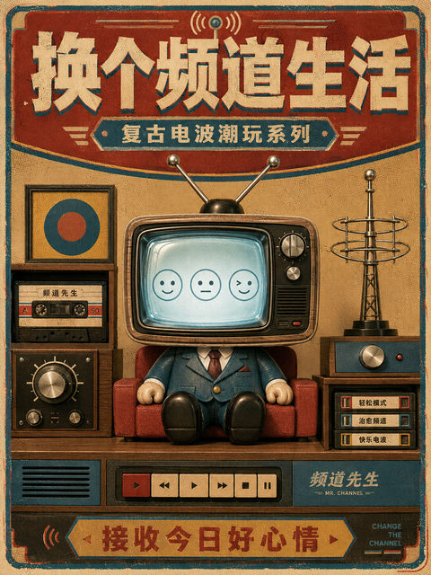 复古电波频道先生原创潮玩艺术海报 - AI图片提示词示例