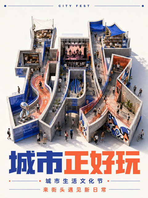 城市之光：汉字立体街区文化节海报 - AI图片提示词示例