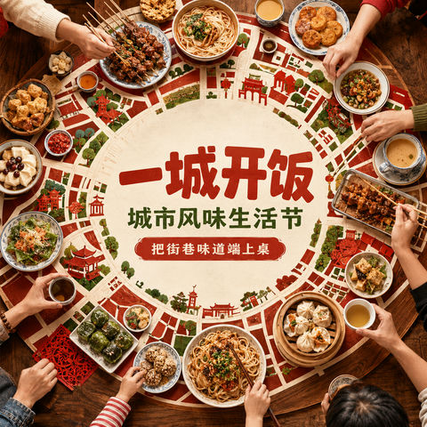 烟火气里的城市盛宴：一城开饭海报 - AI图片提示词示例