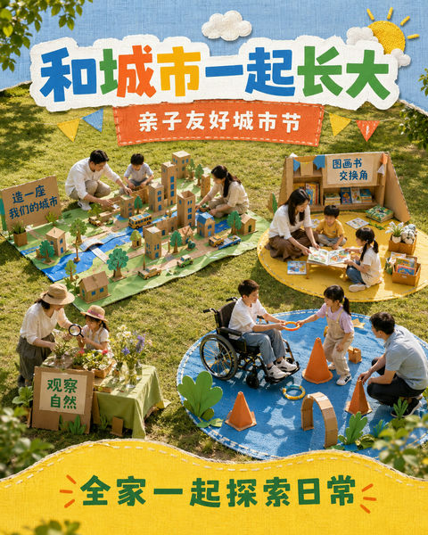 纸雕童话：和城市一起长大的亲子节海报 - AI图片提示词示例