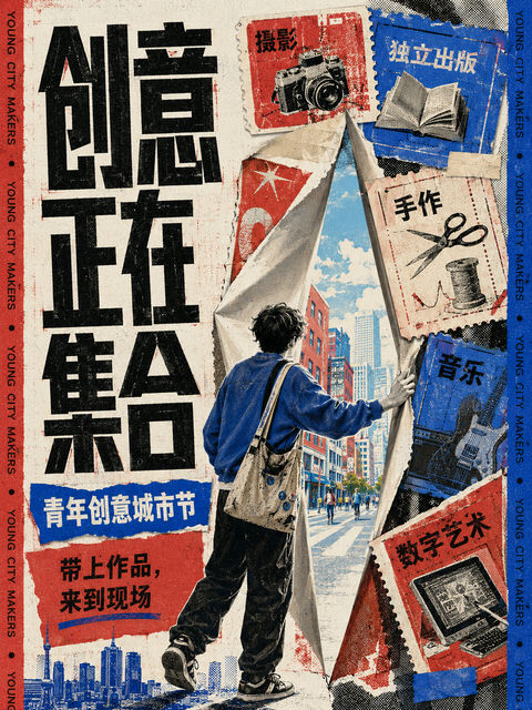 创意正在集合：青年城市艺术节视觉海报 - AI图片提示词示例