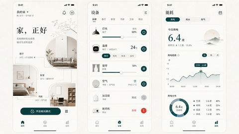 东方极简美学智能家居应用界面设计 - AI图片提示词示例