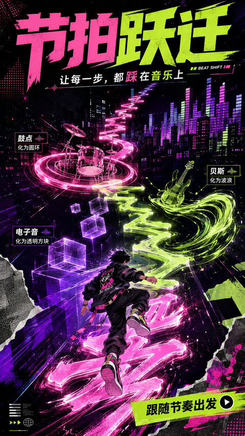 节拍跃迁：国风音游视觉潮流海报 - AI图片提示词示例