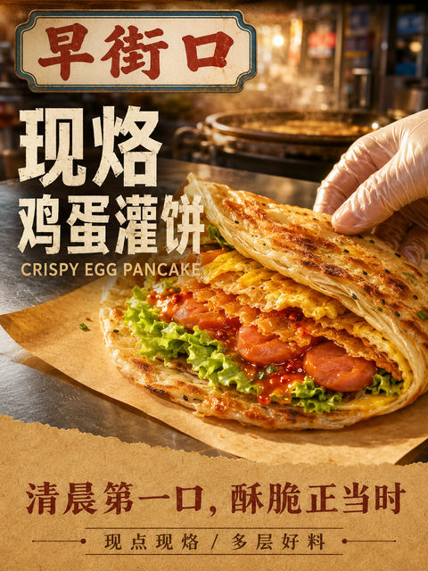 晨曦下的黄金酥脆：早街口鸡蛋灌饼商业海报 - AI图片提示词示例