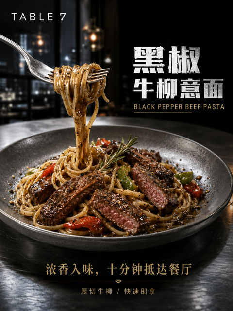 高级西式黑椒牛柳意面商业海报 - AI图片提示词示例