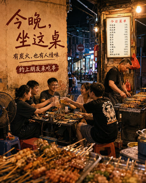 夏夜街头烧烤摊的温暖人情味海报 - AI图片提示词示例
