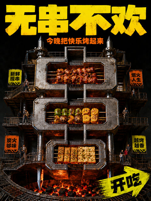 赛博烤串之境：汉字建筑美学视觉海报 - AI图片提示词示例