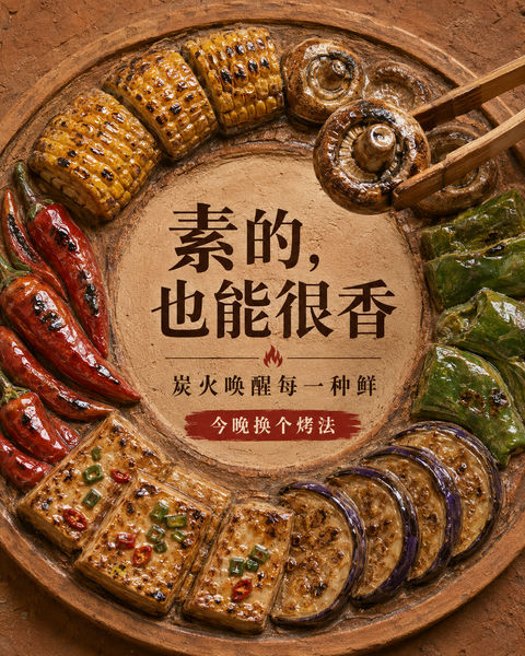 陶土浮雕里的炭烤鲜蔬艺术海报 - AI图片提示词示例