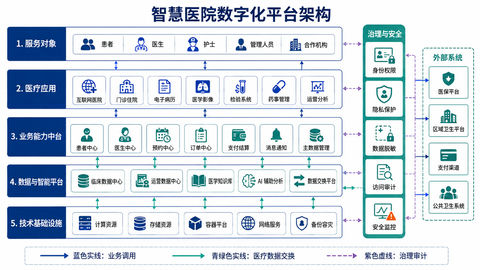 智慧医院全栈数字化平台架构蓝图设计 - AI图片提示词示例