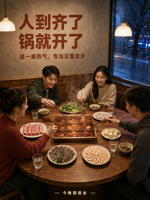 冬夜九宫格火锅老友相聚海报 - AI图片提示词示例