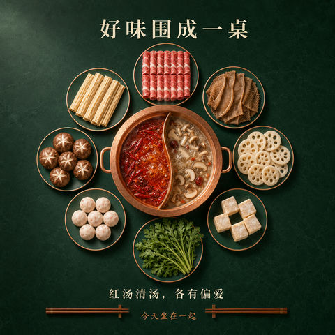 深绿石材桌上的红铜火锅与八盘食材花卉 - AI图片提示词示例