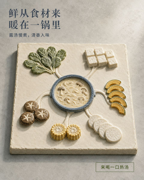 手工陶土浮雕菌汤火锅创意海报 - AI图片提示词示例