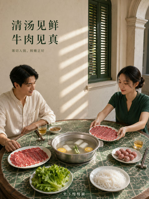 清汤见鲜：岭南骑楼下的牛肉火锅 - AI图片提示词示例