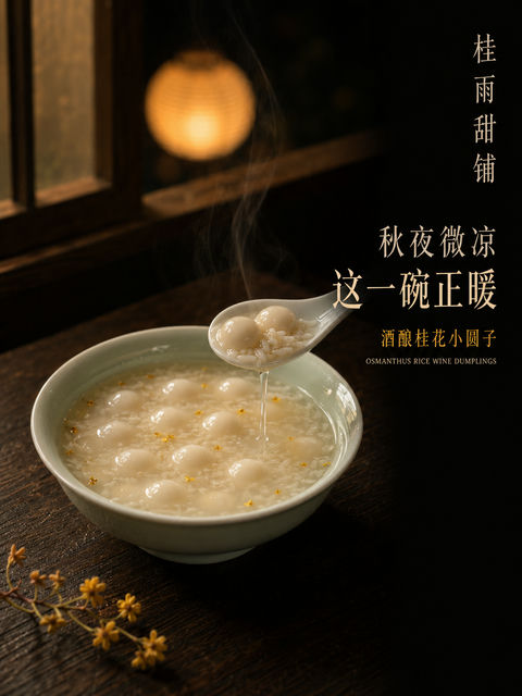 秋夜茶楼桂花酒酿圆子商业海报 - AI图片提示词示例