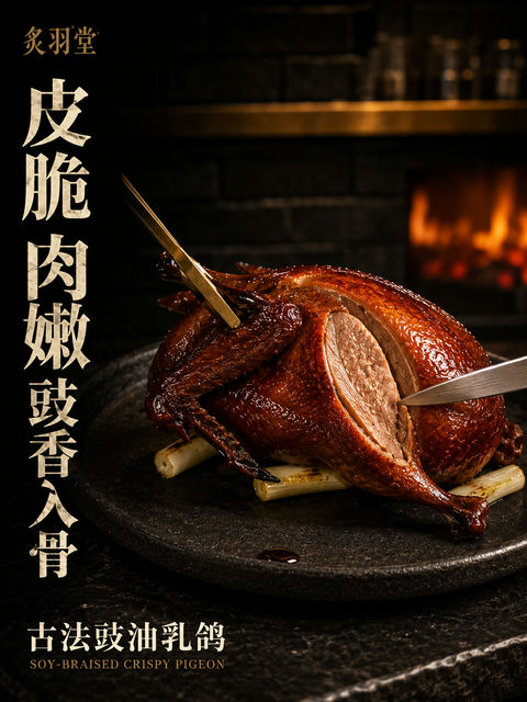 炙羽堂古法豉油乳鸽深夜出餐口特写 - AI图片提示词示例