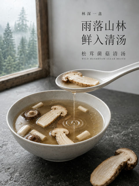 林深一盏：雨后山居松茸菌汤品牌海报 - AI图片提示词示例