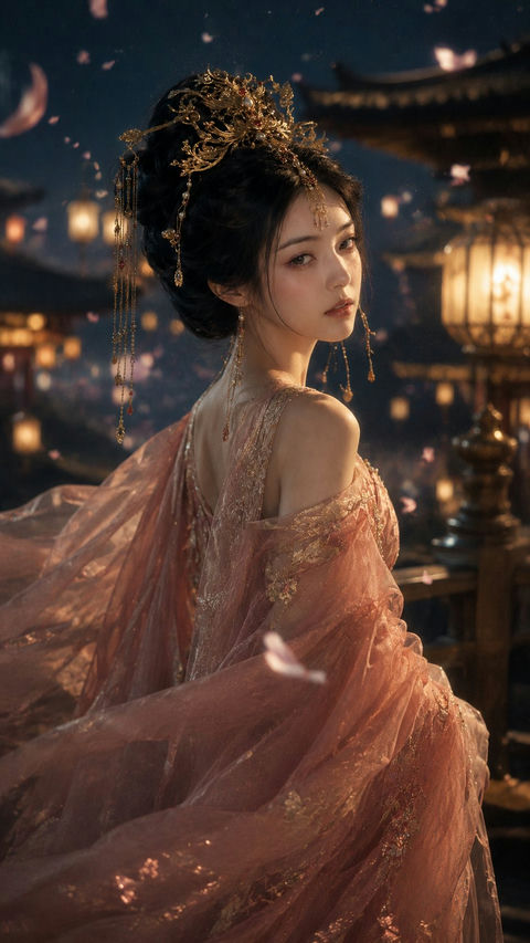 盛唐宫廷夜宴美人回眸超写实插画 - AI图片提示词示例