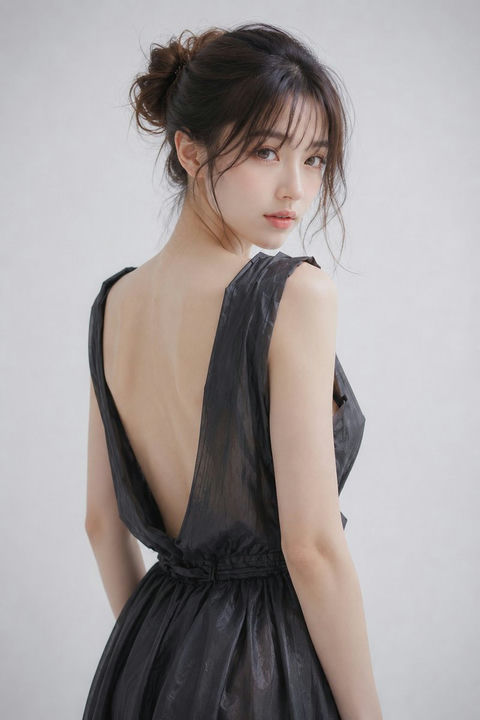 极简主义黑色礼服东亚女性侧影人像 - AI图片提示词示例