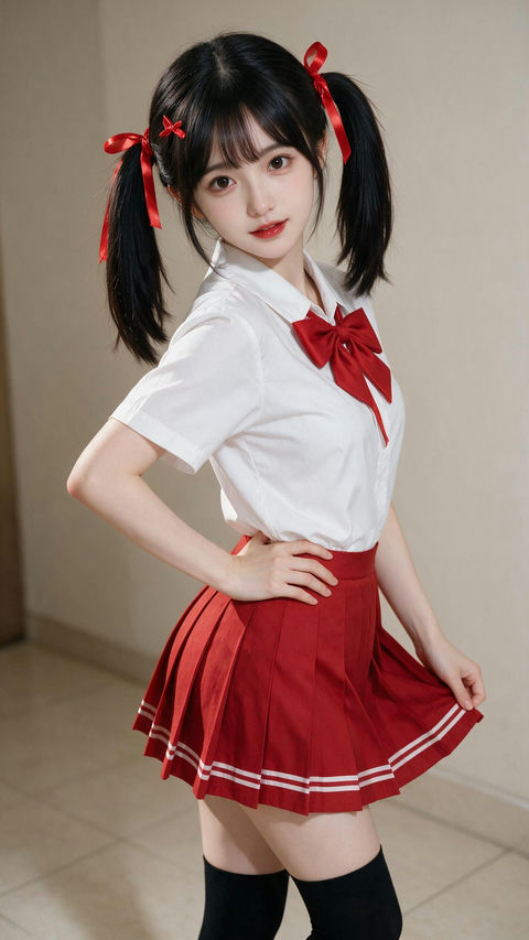 红丝带双马尾水手服少女写实人像 - AI图片提示词示例