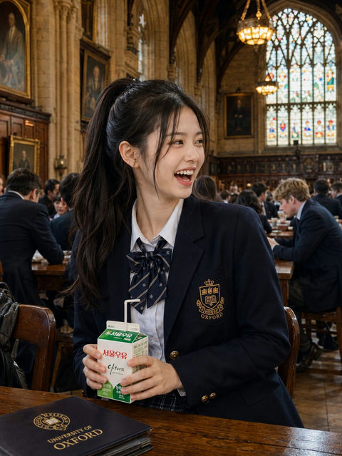 牛津大学食堂东亚美女学院风超写实肖像 - AI图片提示词示例