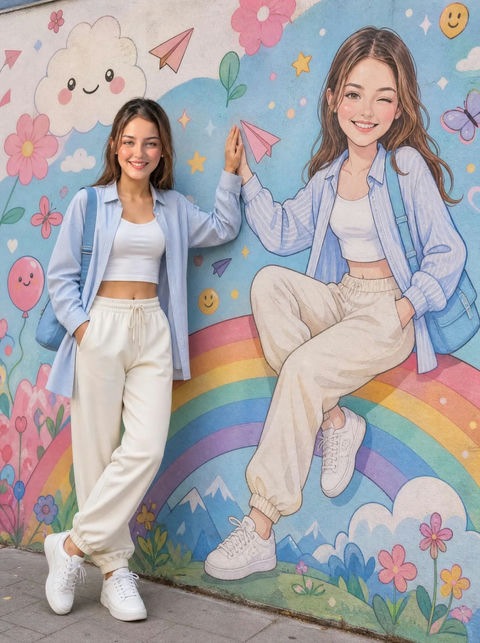 卡通壁画前的时尚女性写实人像 - AI图片提示词示例