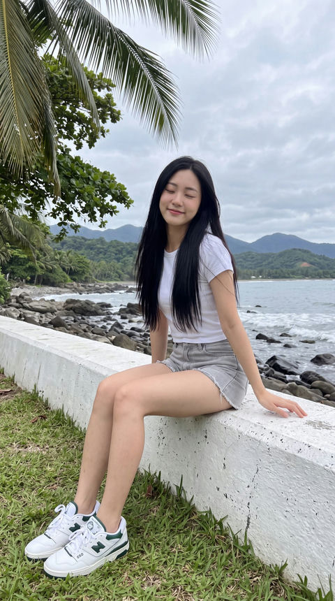 海边防波堤上的东亚年轻女子写实摄影 - AI图片提示词示例
